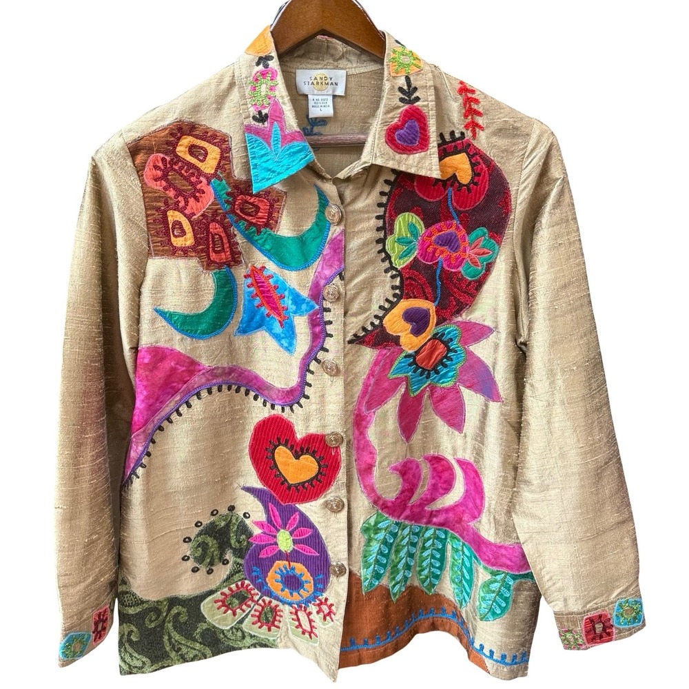Sandy Starkman Silk Embroidered Art‎ Jacket L Boho Colorful India